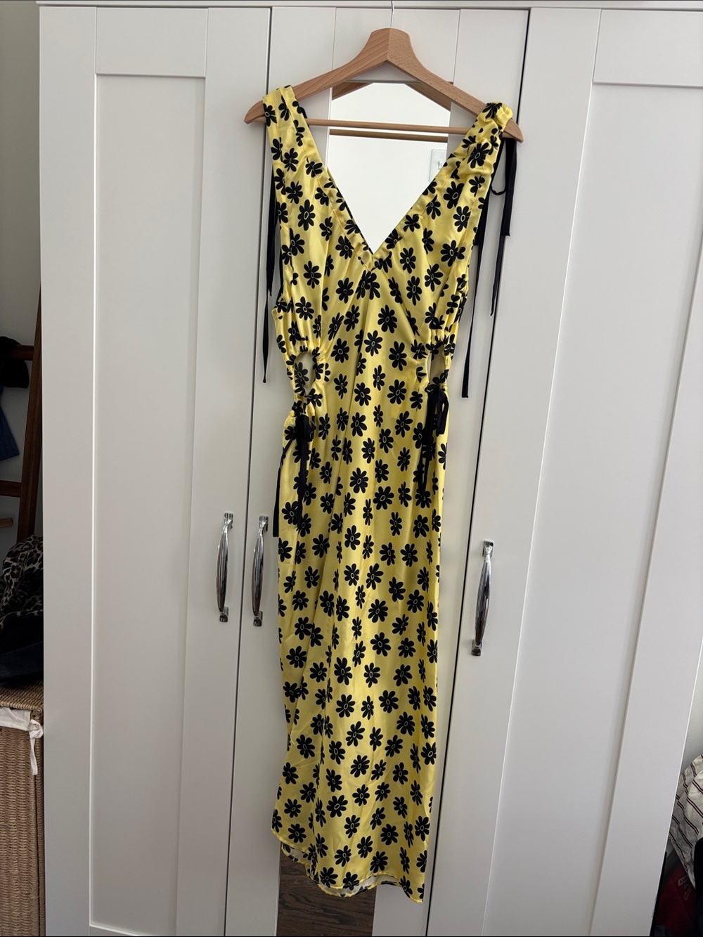 Yellow Floral V-Neck Silk Maxi Dress with Tie Shoulders